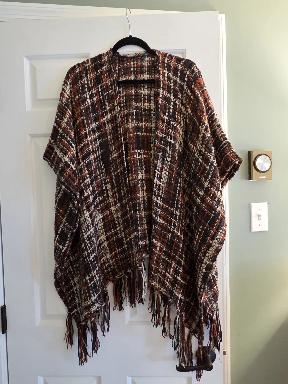 Sonoma Plaid Fringe Open-Front Cape in Rust, Brown, Cream,Black & Teal